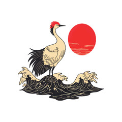 A Japanese red-crowned crane gracefully balances by turbulent black ink waves, with a radiant red sun reflecting on the distant horizon in a traditional minimalist style..eps