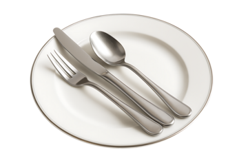 Three polished silver utensils a fork knife and spoon stacked neatly on a white dinner plate with a silver border, organized for a formal or upscale meal setting isolated on transparent background