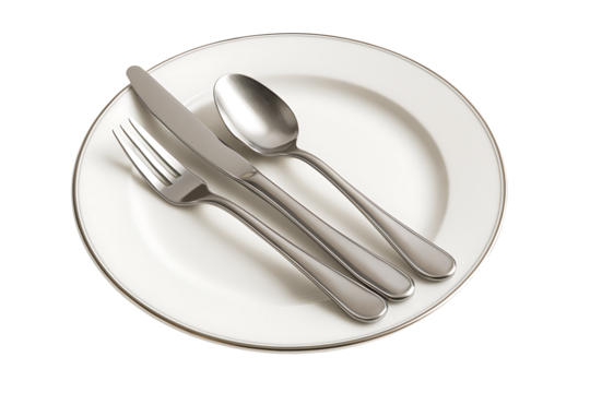 Three polished silver utensils a fork knife and spoon stacked neatly on a white dinner plate with a silver border, organized for a formal or upscale meal setting isolated on transparent background - Powered by Adobe