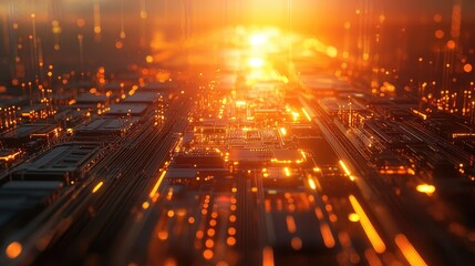 Digital circuit board processing data with glowing lines