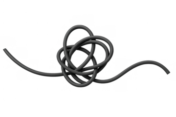 Tangled black electric cord forming a knot, representing chaos, difficulty, and complicated solutions, transparent background