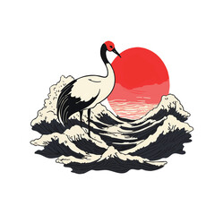 Obraz premium A Japanese red-crowned crane gracefully balances by turbulent black ink waves, with a radiant red sun reflecting on the distant horizon in a traditional minimalist style..eps