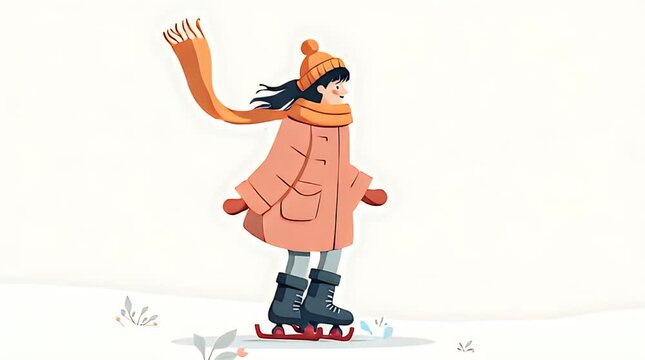 Bright pastel clipart of a roller-skating girl, oversized winter clothes, scarf flying dramatically, rounded shapes, bouncy motion lines, cute stylized details, soft textures, youthful energetic aesth