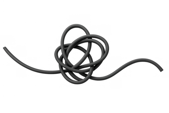 Tangled black electric cord forming a knot, representing chaos, difficulty, and complicated solutions, transparent background