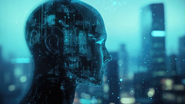 Artificial intelligence human head in futuristic city