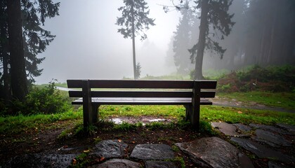 A wooden bench sits in a forest clearing, shrouded in mist. Trees obscure the background, creating a moody, atmospheric scene. The ground is rocky and damp