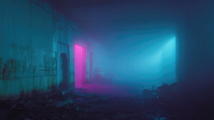 Abandoned industrial corridor glowing with cyberpunk neon fog
