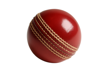 Traditional red leather cricket ball with light brown stitching and prominent seam isolated on transparent background