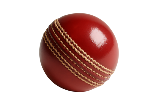 Traditional red leather cricket ball with light brown stitching and prominent seam isolated on transparent background