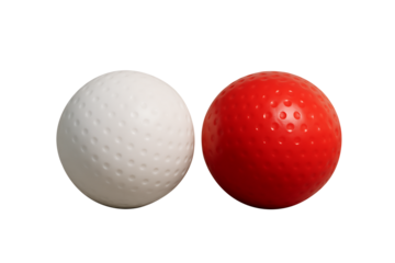 Two dimpled balls for field hockey a white and a red one side by side isolated on transparent background