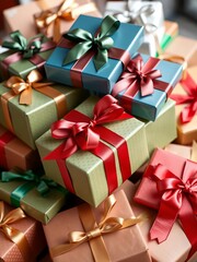 Obraz premium Pile of beautifully wrapped gift boxes tied with satin ribbons, ready for holiday giving, ribbons, presents