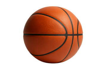 Classic orange leather basketball with black lines and textured surface for professional games isolated on transparent background