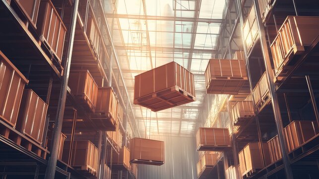 Automated warehouse distributing floating cargo in modern logistics center - Powered by Adobe