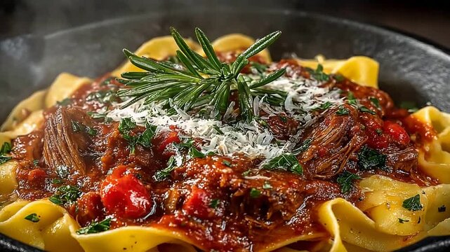 Delectable Italian Beef Ragu Served Over Fresh Pappardelle Pasta.