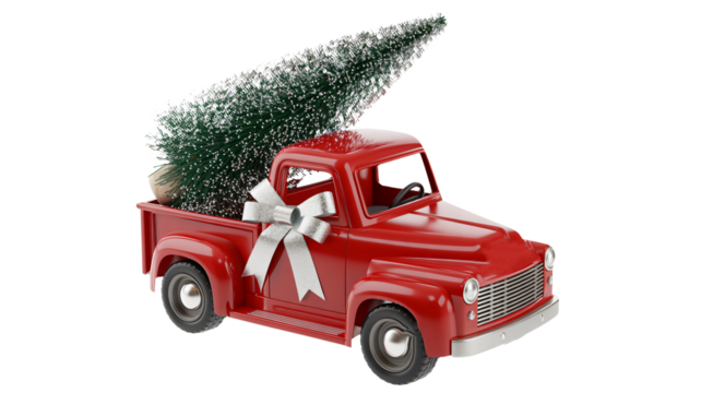 Festive red truck delivers Christmas tree with silver bow