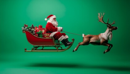 Pixelated Santa Claus Rides Sleigh Pulled by Pixelated Reindeer on Green Background