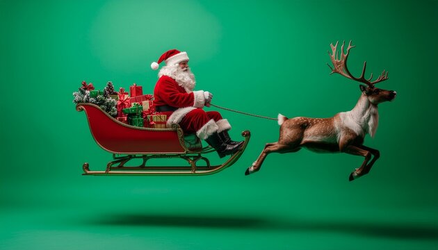 Pixelated Santa Claus Rides Sleigh Pulled by Pixelated Reindeer on Green Background