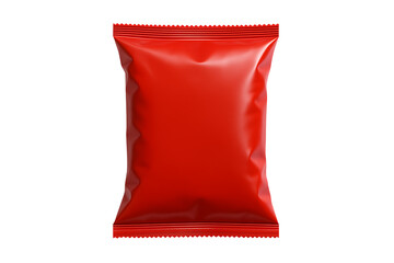 A blank shiny red rectangular foil bag or flexible plastic pouch for chips candy snack food or other product packaging isolated on transparent background