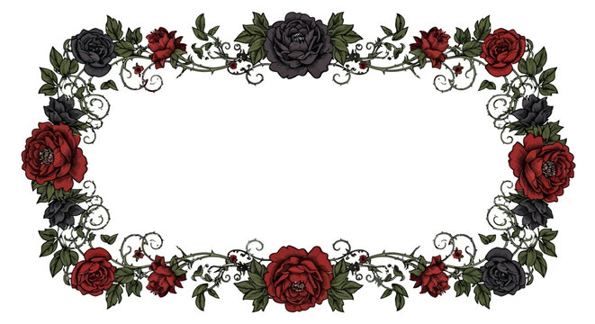 Elegant floral frame with red and black roses decorative vector border with thorns and leaves isolated on white background