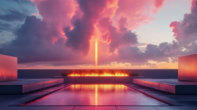 Modern rooftop pool deck with fire pit under surreal sunset