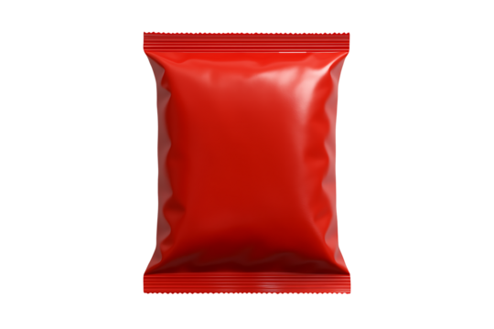 A blank shiny red rectangular foil bag or flexible plastic pouch for chips candy snack food or other product packaging isolated on transparent background