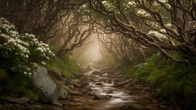 Enchanting forest stream winding through ancient gnarled trees and white blossoms.