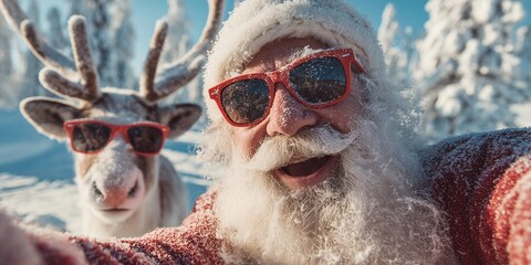 Cheerful Santa Claus taking a selfie with reindeer in snowy winter landscape. Concept for holiday greeting cards, seasonal promotions and children's advertising campaigns