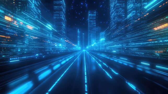 Futuristic metropolis transferring data through digital network streams