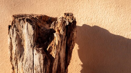 Rustic Wood Stump Against Warm Wall Casting Shadow for Design Accent