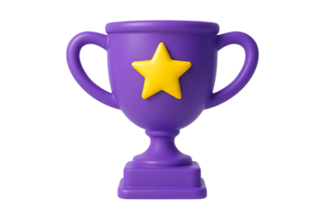 Vibrant purple trophy with a large yellow star decoration, a cheerful and stylized three dimensional award for achievements isolated on transparent background