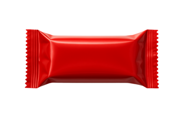 Shiny red blank plastic flow pack candy wrapper packaging mock up, ready for a snack product design isolated on transparent background