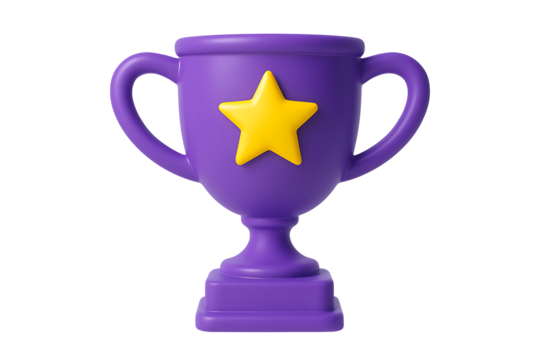 Vibrant purple trophy with a large yellow star decoration, a cheerful and stylized three dimensional award for achievements isolated on transparent background