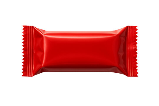 Shiny red blank plastic flow pack candy wrapper packaging mock up, ready for a snack product design isolated on transparent background