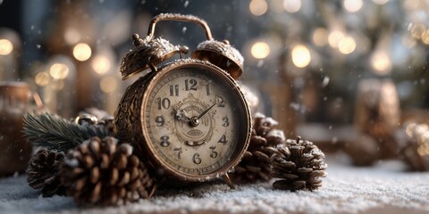 Vintage alarm clock covered in snow with pinecones and bokeh lights on festive background. Concept for holiday season, Christmas countdown and New Year celebration