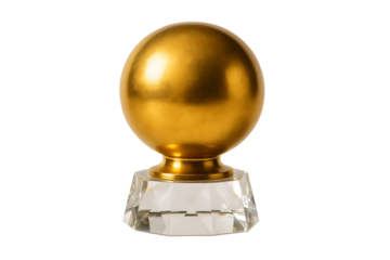 Golden metallic sphere sitting atop a faceted clear crystal glass base, a luxurious and modern award or decorative accent isolated on transparent background