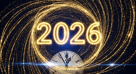 Golden sparkling particles swirl around the year 2026 and a clock face, symbolizing the passage of time and the arrival of the new year