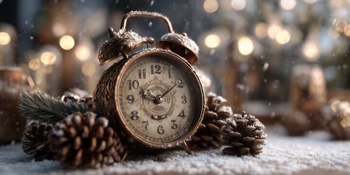 Vintage alarm clock covered in snow with pinecones and bokeh lights on festive background. Concept for holiday season, Christmas countdown and New Year celebration