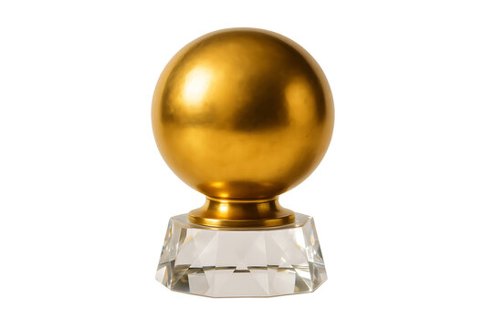 Golden metallic sphere sitting atop a faceted clear crystal glass base, a luxurious and modern award or decorative accent isolated on transparent background