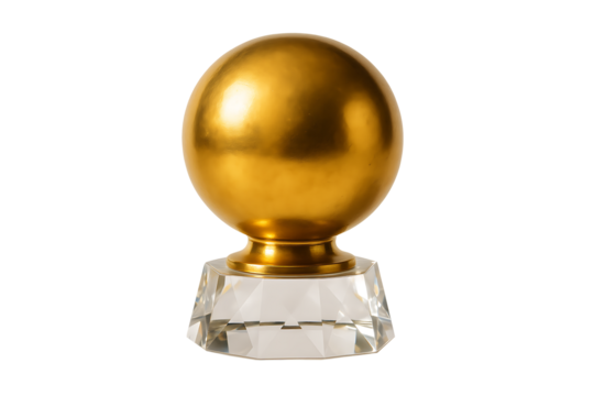 Golden metallic sphere sitting atop a faceted clear crystal glass base, a luxurious and modern award or decorative accent isolated on transparent background