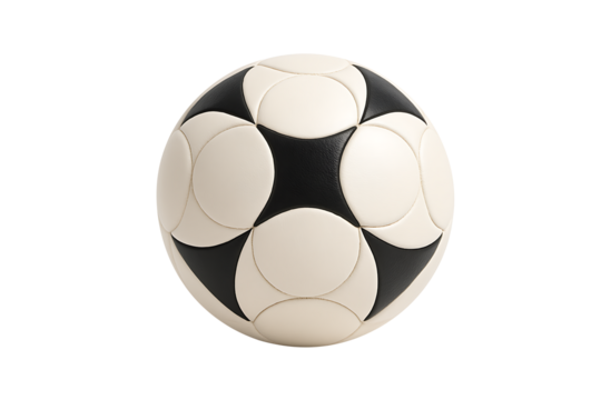 Classic white and black patterned soccer ball, featuring a traditional pentagonal and hexagonal panel design on a neutral surface isolated on transparent background
