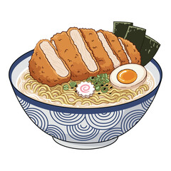 Tonkotsu ramen with fried tonkotsu pork, boiled egg, seaweed and naruto maki. © supissara