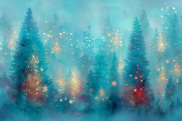 Watercolor painting of a winter forest with decorated fir trees and falling snow, concept for Christmas greeting cards, holiday backgrounds and winter decoration