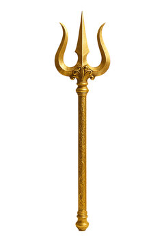The highly detailed golden trident shiva weapon hindu god symbol with intricate carvings covering the entire handle isolated on transparent background