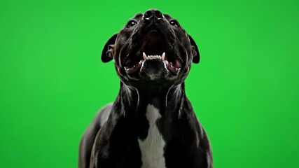 A black and white dog barking with mouth open, on a vibrant green backdrop