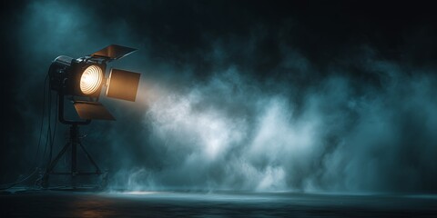 Obraz premium Studio spotlight illuminates a stage filled with smoky atmosphere, concept for theatrical productions, film sets and photography backdrop