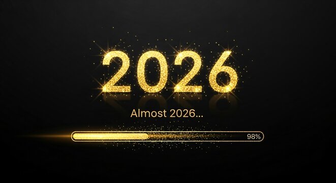 The year 2026 is almost here, represented by glowing golden text and a progress bar, signifying anticipation and the approaching new year