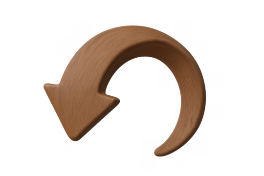 Wood textured 3d arrow icon curving downwards, symbolizing undo, backward, refresh, loop, and return functions - Powered by Adobe