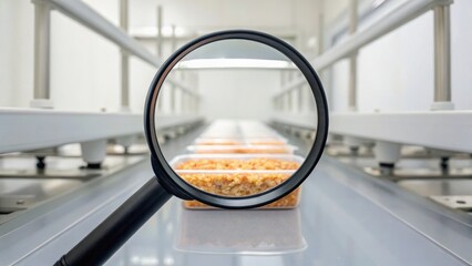 A magnifying glass focuses on seeds or grains on a conveyor, highlighting details in a clean, modern laboratory setting.