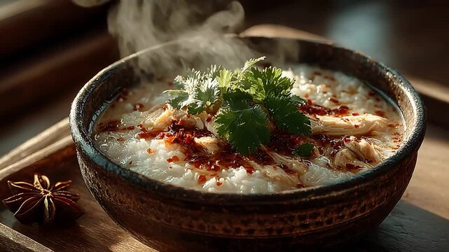 Comforting Steaming Bowl of Savory Rice Porridge with Chicken and Herbs.