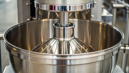 Metallic mixing bowl of a commercial kitchen mixer, showcasing intricate design and engineering for food preparation.